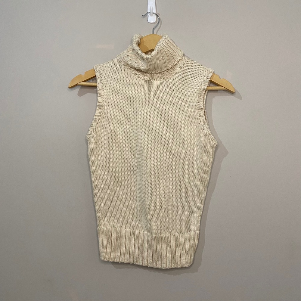 Vtg Ralph Lauren Sport Cream Cotton Shaker Knit Sleeveless Turtleneck Sweater M